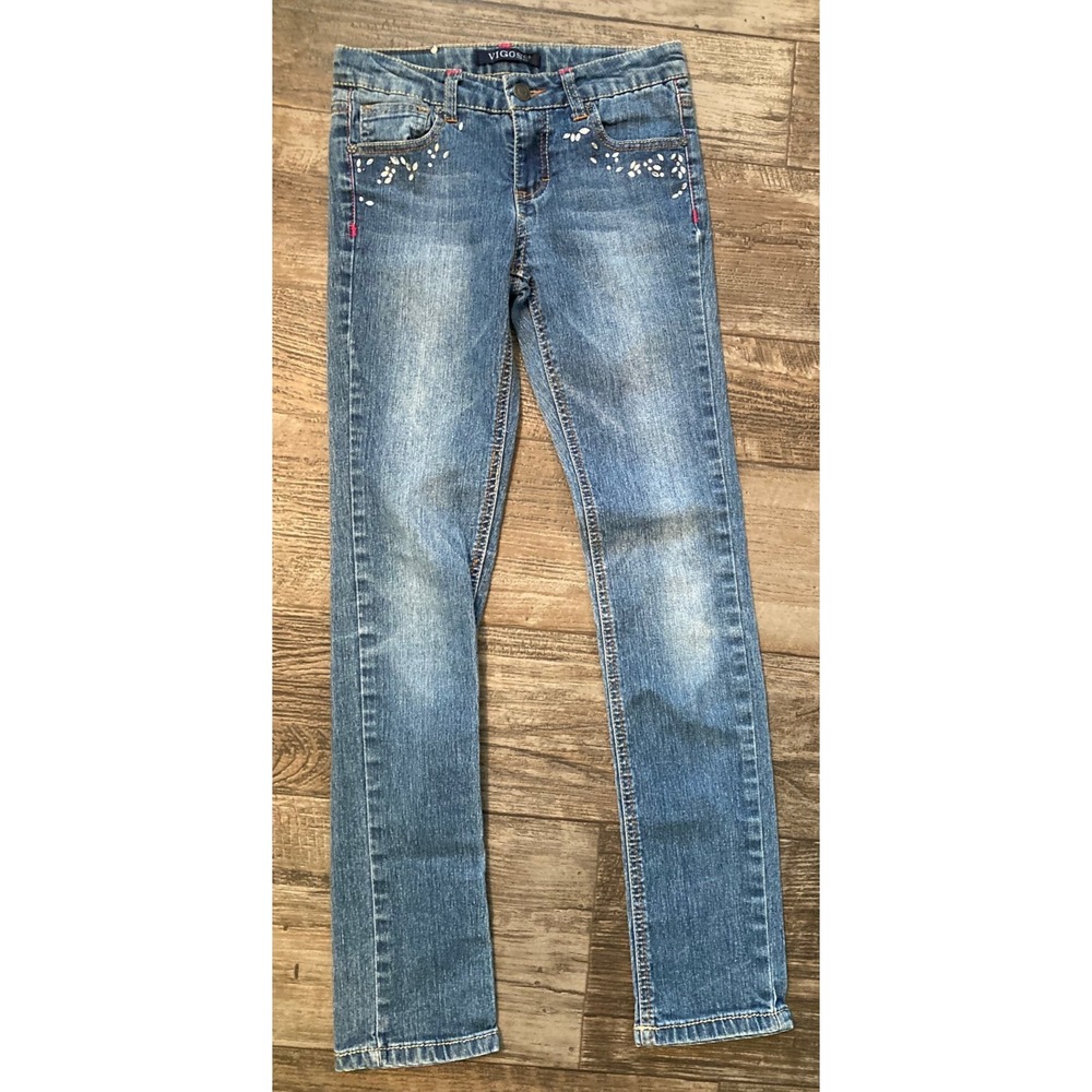 VIGOSS Girls Denim Jeans sz 12 Stretch Pre-owned Straight Rhinestones Distressed